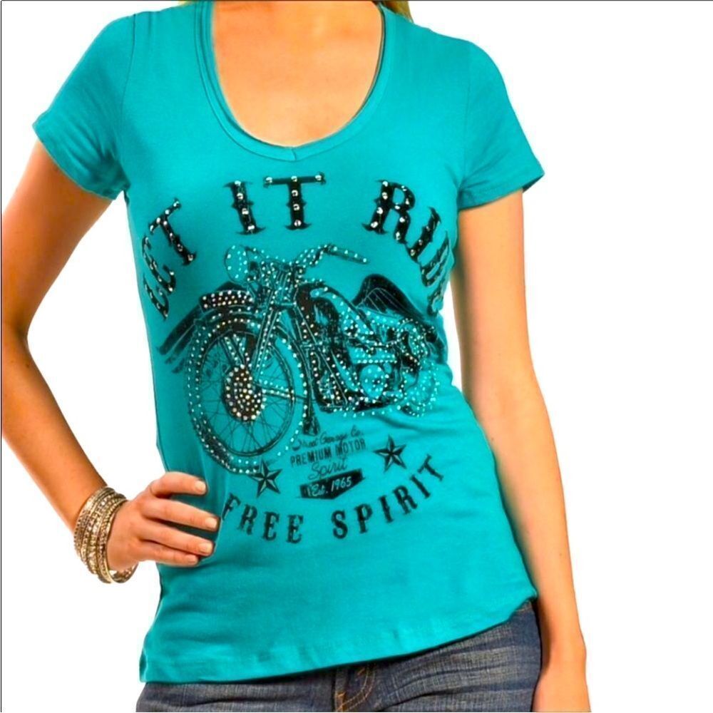 Teal Short Sleeve Studded Motorcycle Free Spirit Fitted Tee Shirt - NEW